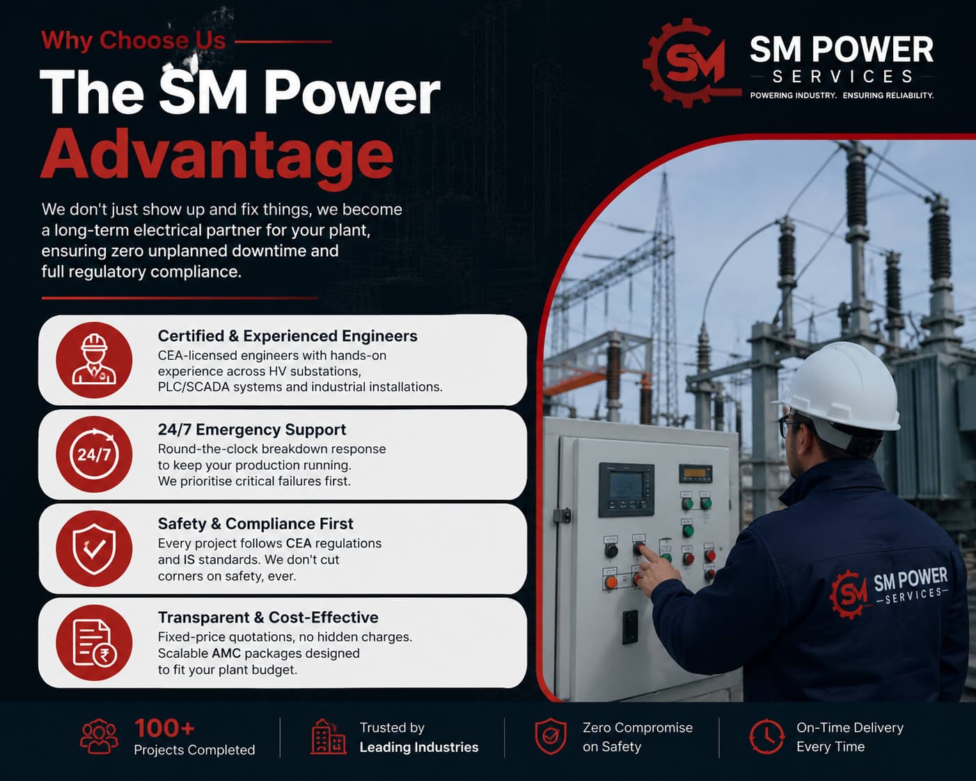 The SM Power Advantage - certified engineers, 24/7 support, safety-first, cost-effective